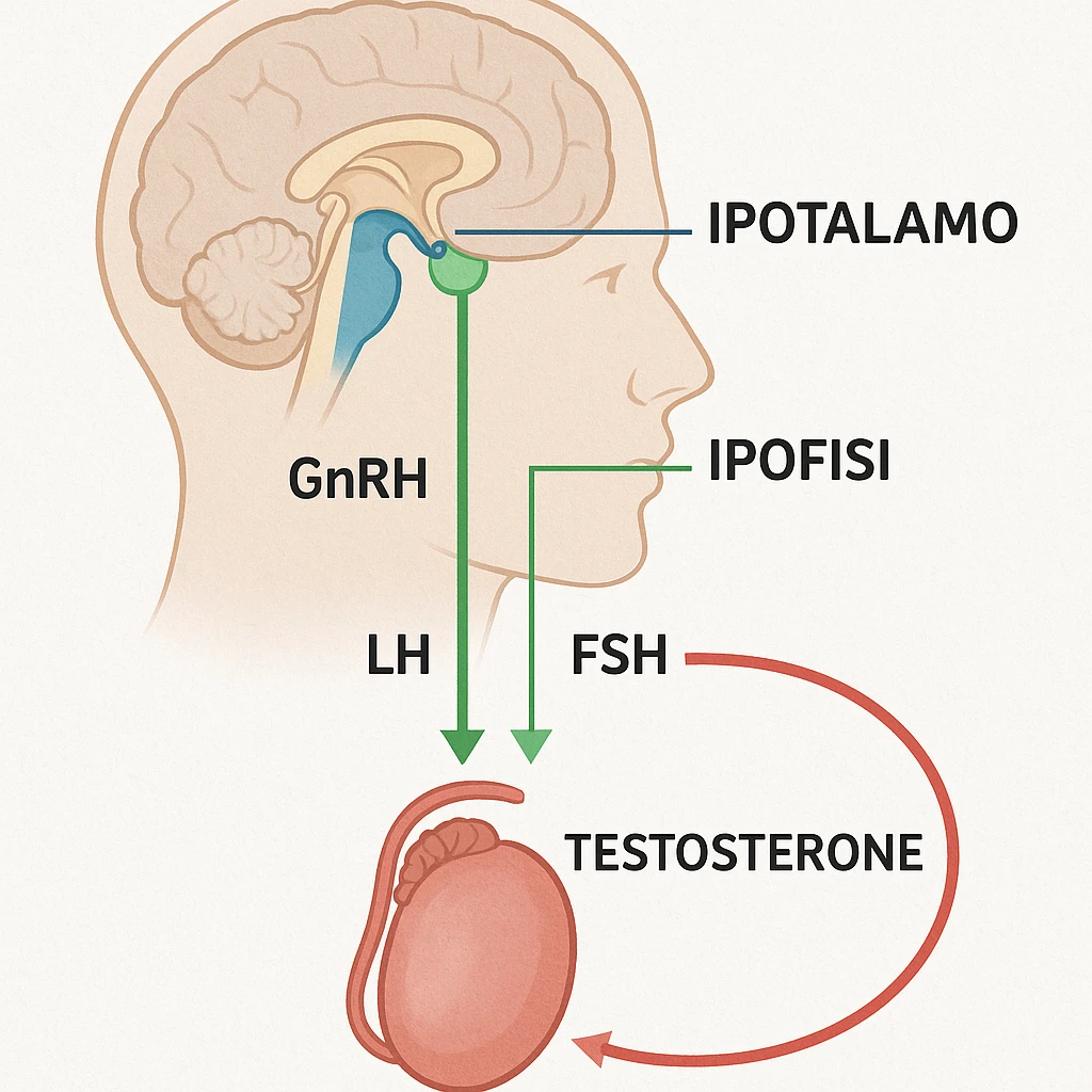 clear and realistic infographic of the HPT axis (hypothalamus-pituitary-testes): showing hypothalamus, pituitary gland, and testes connected by arrows, including hormone names (GnRH, LH, FSH, testosterone), simple diagram, distinct colors for each part, scritte in italiano emoji