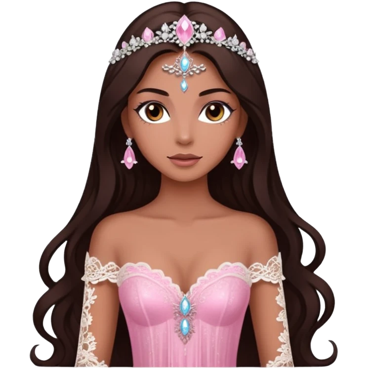 enchantress goddess wearing a embellished shimmering light powder white lace and swarovski pink gown with tanned skin and super long dark brown hair emoji