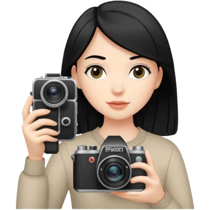 White girl, straight black hair taking photos with a camara emoji