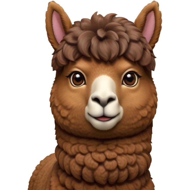 Cinematic Noble Brown Alpaca Portrait Emoji, Poised and regal, with a sturdy, graceful build and a rich, well-groomed brown fleece, deep-set soulful warm eyes, Simplified yet sharp and sophisticated features, highly detailed, glowing with a soft, dignified glow, high shine, intelligent and serene, stylized with an air of pastoral elegance, focused and attentive, soft glowing outline, capturing the essence of a watchful and confident companion, so majestic it feels as though it could stride out of the screen with effortless authority! emoji