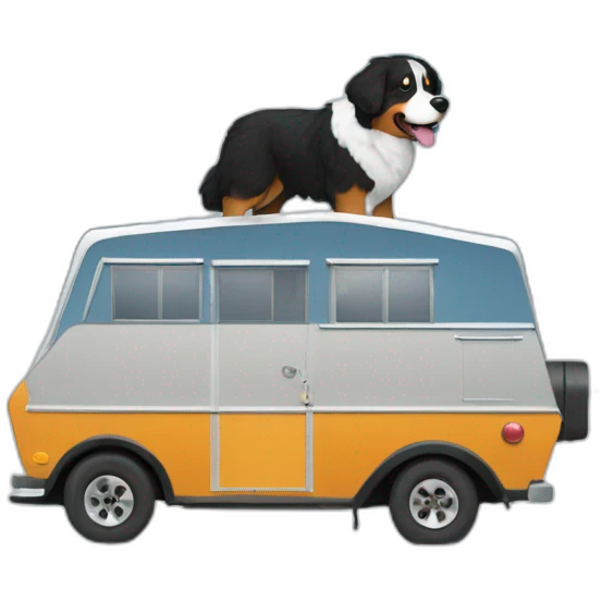 bernese mountain dog driving camper through snow emoji
