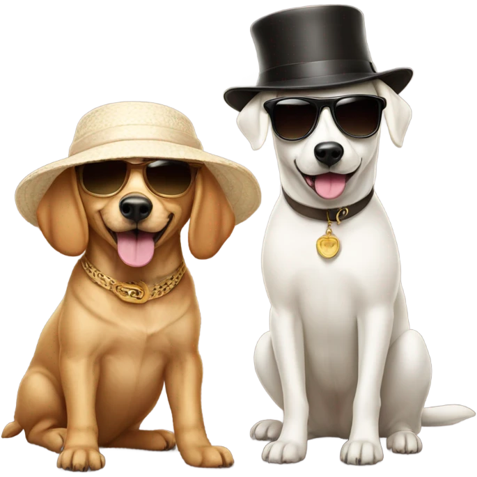 A tan dog with sunglasses next to a slightly smaller white dog with a hat emoji