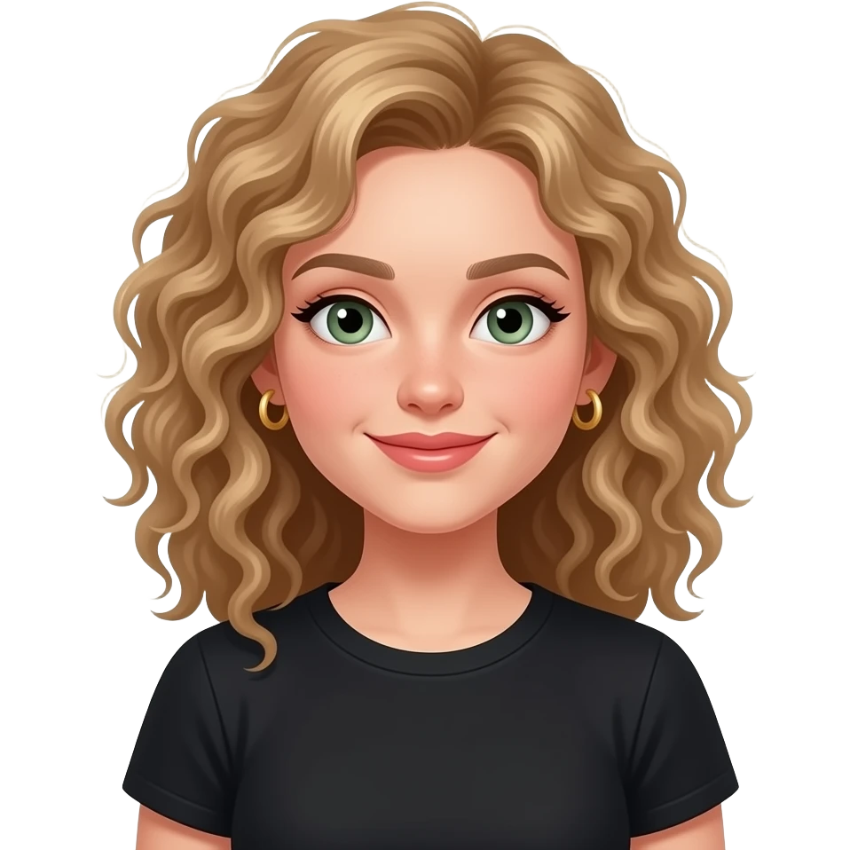 Create a fair girl with super curly hair and sage green eyes and curly dirty blonde hair, and give her gold small hoop earrings, curlier hair, and give her some lip gloss, and give her a black t shirt, and make her smile a little bit emoji