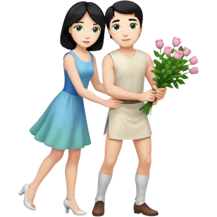 prince, upright, black Hair, blue eyes, Woman, blonde Hair, Green eyes, bending knee, sleveless White Dress, emoji