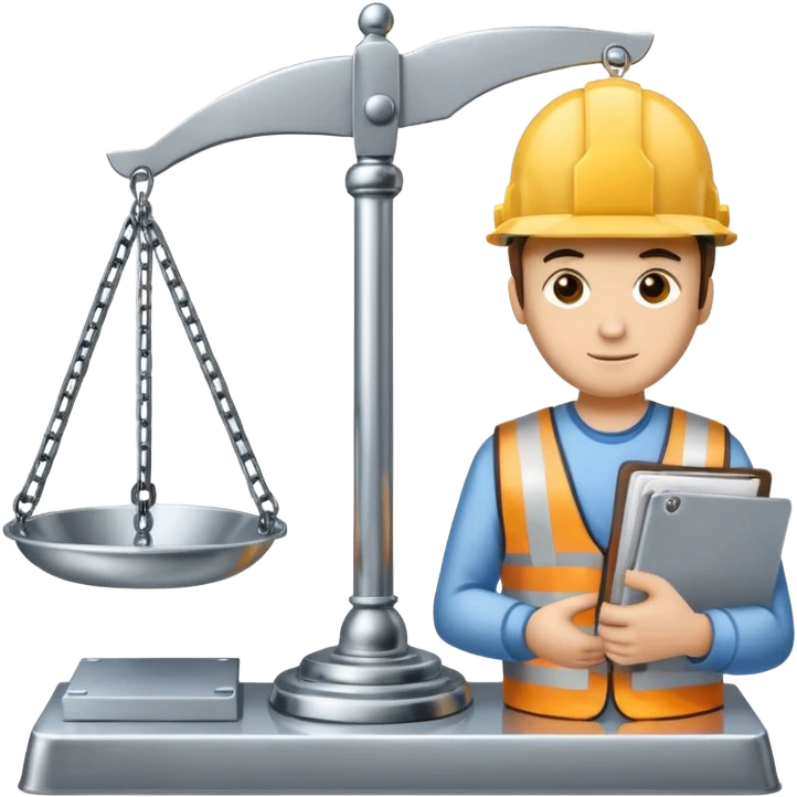 Image of a justice scale with a construction helmet on one side and a folder on the other. Simple emoji