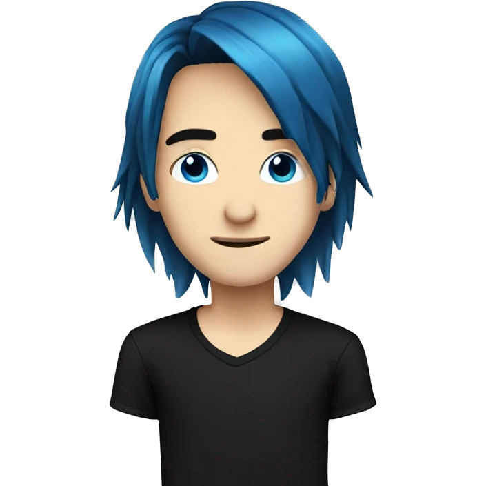 caucasian male. blue long emo hair. black shirt. teenager emoji
