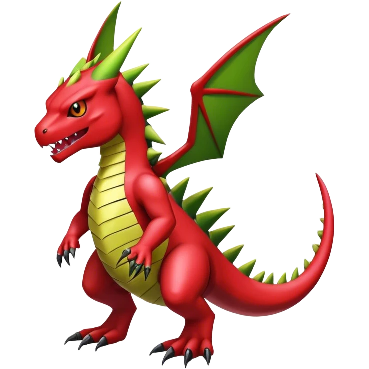 Cool edgy shiny Guilmon-Flygon-Tyranitar-Digimon-hybrid-fusion, yellow belly, full body emoji