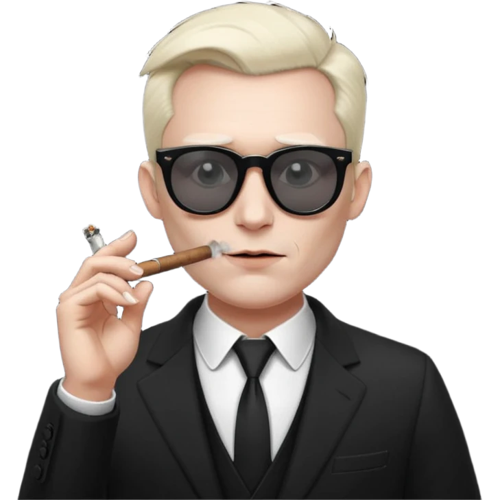 Minimalist emoji-style sticker of a devilish producer in black suit, tiny horns, dark sunglasses, and a smoking cigar, grayscale tones, matte style emoji