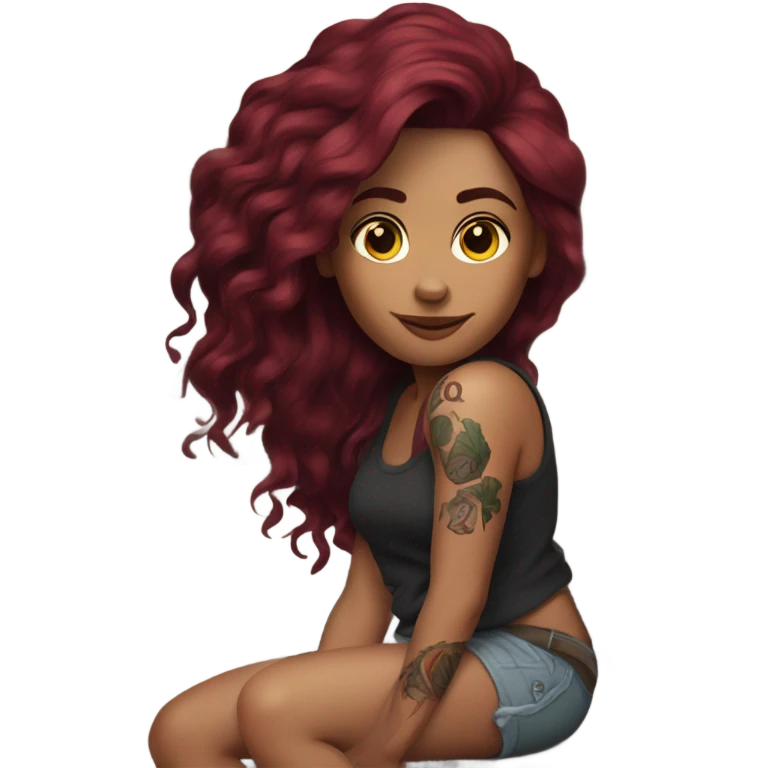 Beautiful tattooed woman long burgundy hair climbing rocks emoji