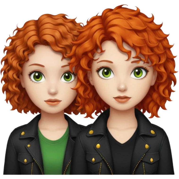 chica de pelo rizado corto rojizo con los ojos verdosos estilo roquera junto a chica de pelo naranja ondulado de ojos castaños linda emoji