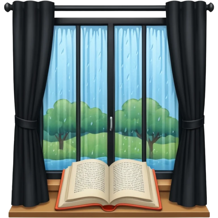 Curtained window with rain outside and a book inside emoji
