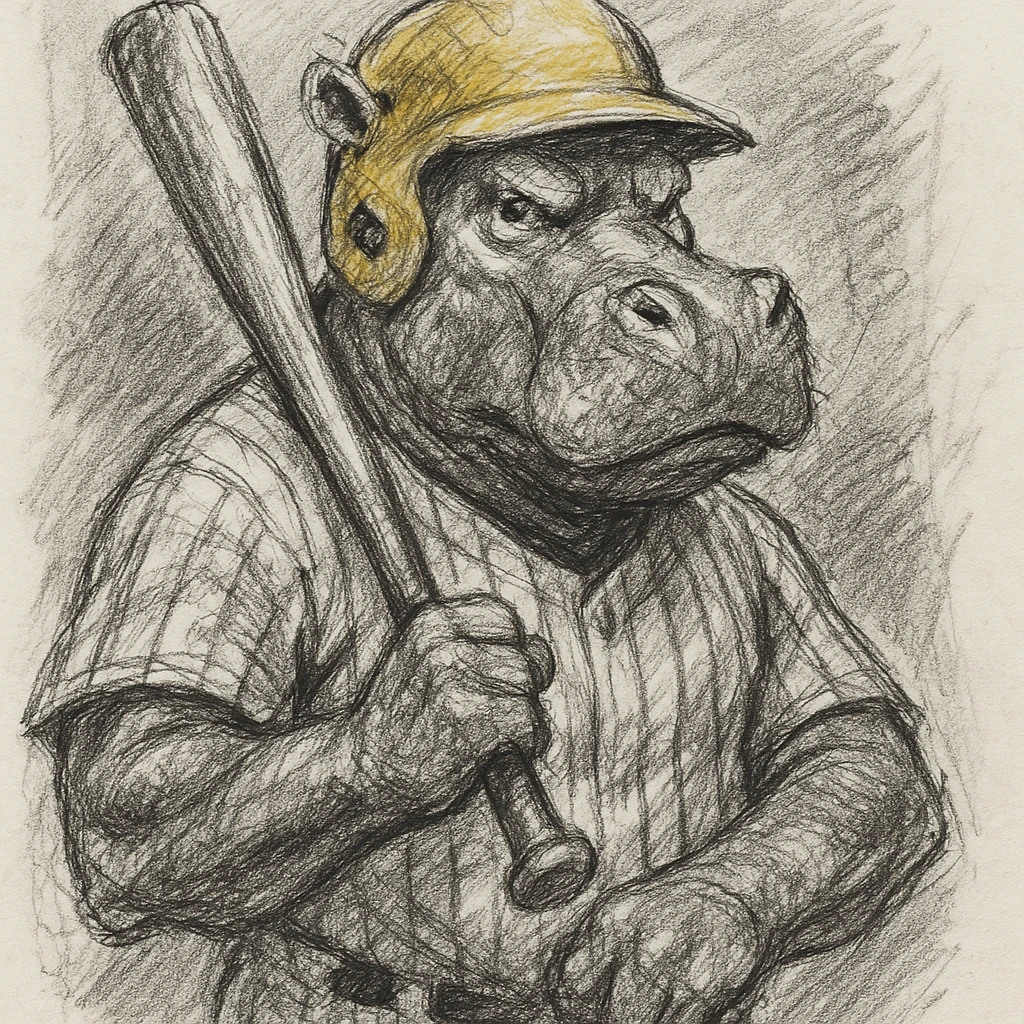 hippo holding a baseball bat, wearing a yellow helmet, pinstripes outfit emoji