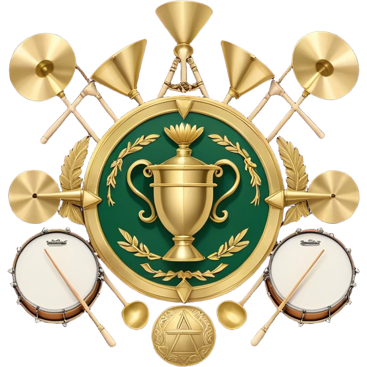 Create a heraldic, festive, and professional emblem-like emoji representing percussion instruments. The design should resemble a traditional crest, featuring a range of percussion instruments like cymbals, triangle, tambourine, maracas, timpani, and other traditional and folk percussion instruments. Arrange them symmetrically, with elements like cymbals crossing each other, a triangle at the center, and timpani or drums flanking the sides. The instruments should be depicted with metallic and wooden tones—shiny brass for cymbals, silver for the triangle, and rich wood or polished bronze for drums. Include ornate details like engraved patterns on the instruments, decorative swirls or laurels, and subtle accents to add elegance and festivity to the composition. The overall design should be cohesive, balanced, and visually striking, suitable for use as a prestigious emblem. The background should be transparent. emoji