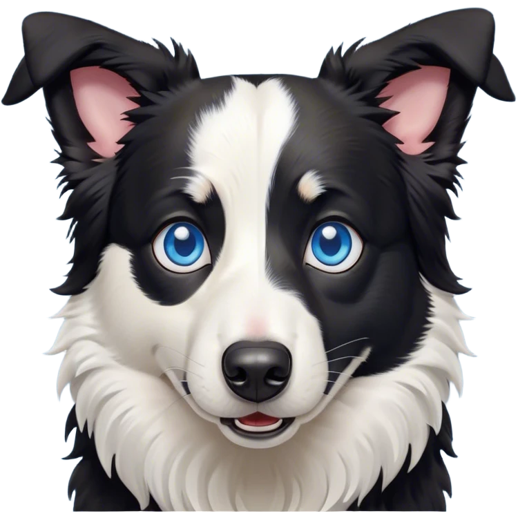 Cinematic Comical Black and White Border Collie Portrait Emoji, Head tilted dramatically with an exaggeratedly shocked or offended expression, featuring a striking black and white coat and wide, expressive blue eyes filled with exaggerated disbelief, Simplified yet hilariously expressive features, highly detailed, glowing with a slightly sassy glow, high shine, dramatic yet playful, stylized with an air of attitude, bright and endearing, soft glowing outline, capturing the essence of a sassy and over-the-top herder, so meme-worthy it feels like it could side-eye its way into internet fame instantly! emoji