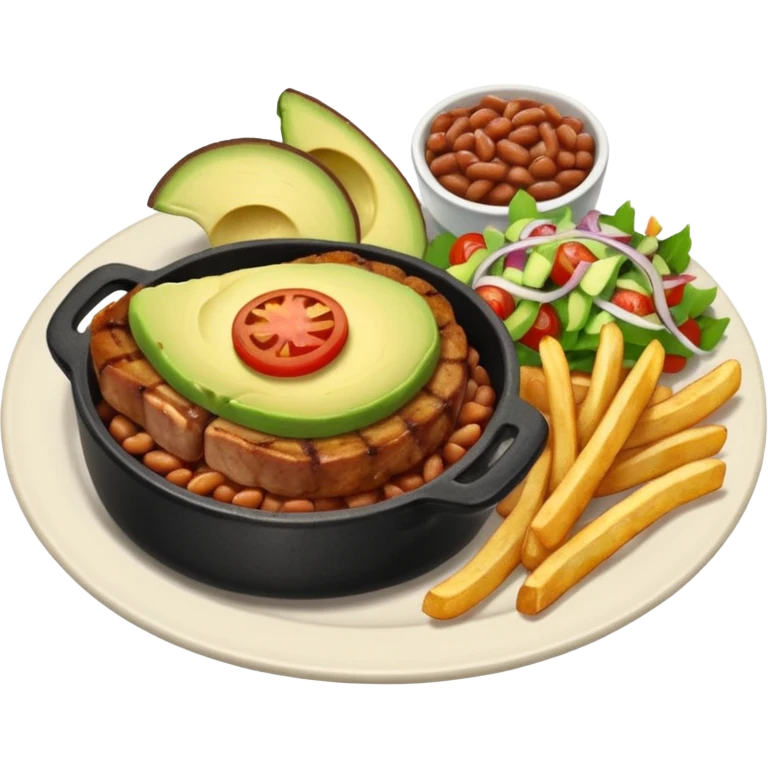 pork chops, fries, tomato onion salad, beans, and avocado  emoji