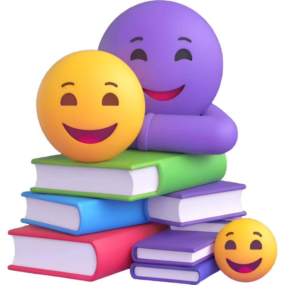 3D smiley emoji, round shape, student studying with pile of books, purple color, tired face emoji
