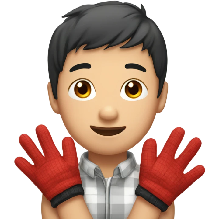 Asian boy wearing red checkered gloves on hands emoji