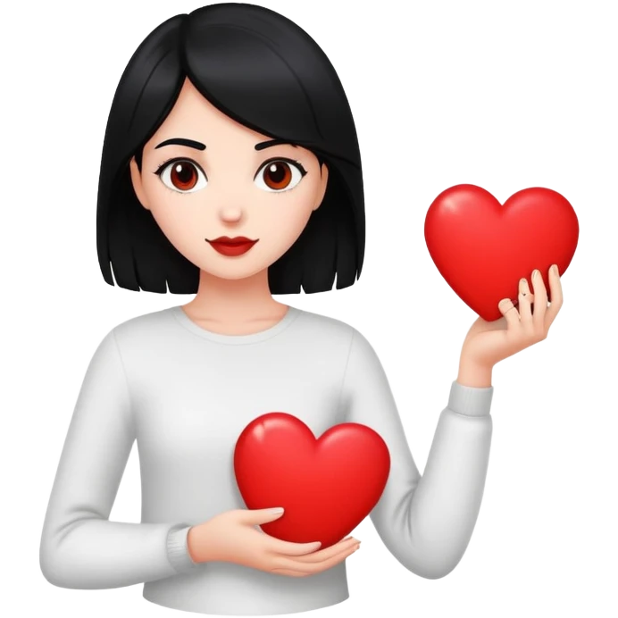 Black haired medium hair white girl holding a big heart or hugging it emoji