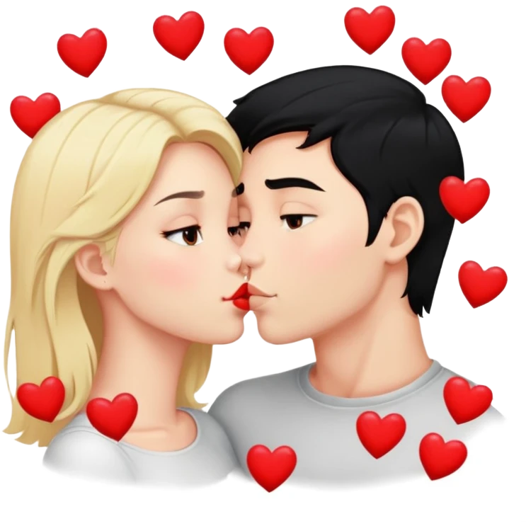 Couple of blonde girl and boy with black hair and fair skin is kissing with a lot of hearts around them emoji