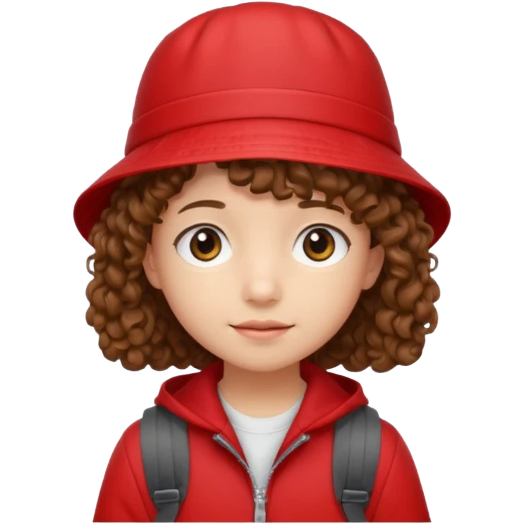 Little student brown curly hair, wears red bucket hat and jacket, backpack, shy emoji