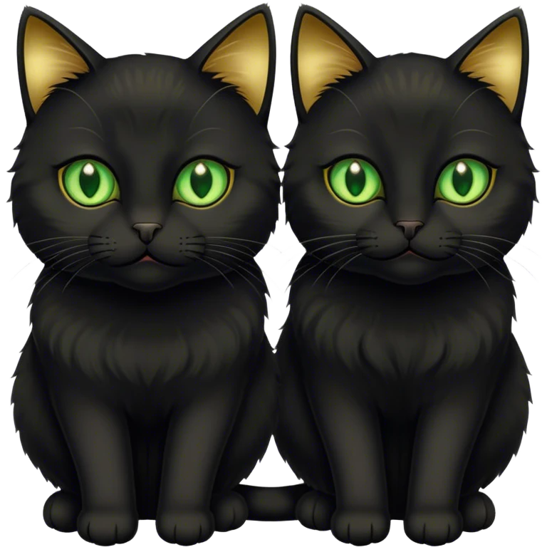 Two black cats. One has short hair and green eyes. The other is fluffy with gold eyes.  emoji