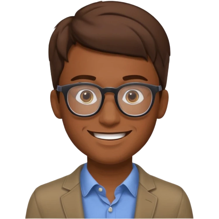 a man in his early 20s wearing glasses for a tech company, his job is marketer, extroverted, brown hair emoji
