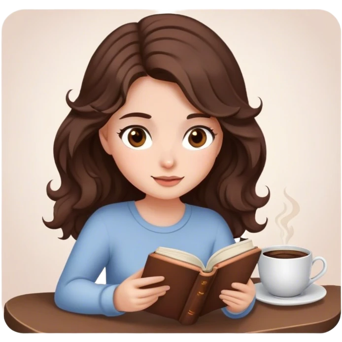 girl with wavy choco brown hair, brown eyes, and some blush is reading a book and has a cup of coffee next to her. emoji