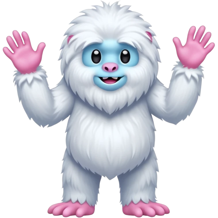 A fluffy, white creature resembling a yeti stands upright, featuring a round body and long, shaggy arms. Its face is smooth with a simple, flat mouth and without eyes. The hands and feet are pink with claw-like digits, and the creature has a whimsical, cartoonish appearance emoji