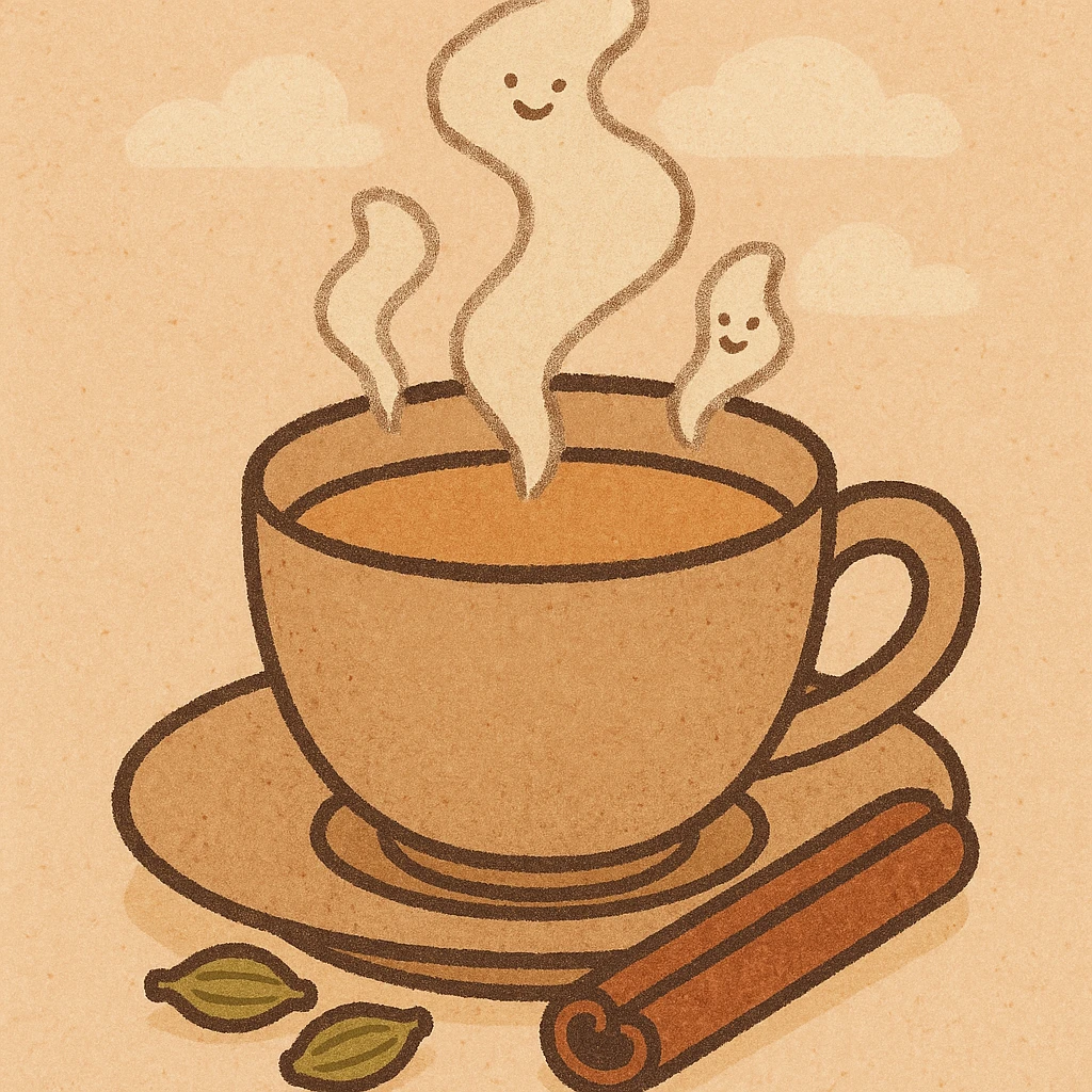 cartoon style illustration of a traditional cup of karak tea with a saucer, steam, and a hint of spices emoji