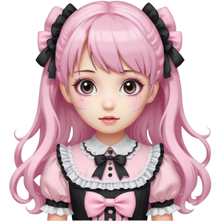 pale girl with long black and pink swirled hair, bangs, grey eyes, doll makeup, in a frilly light pink lolita hime gyaru dress emoji