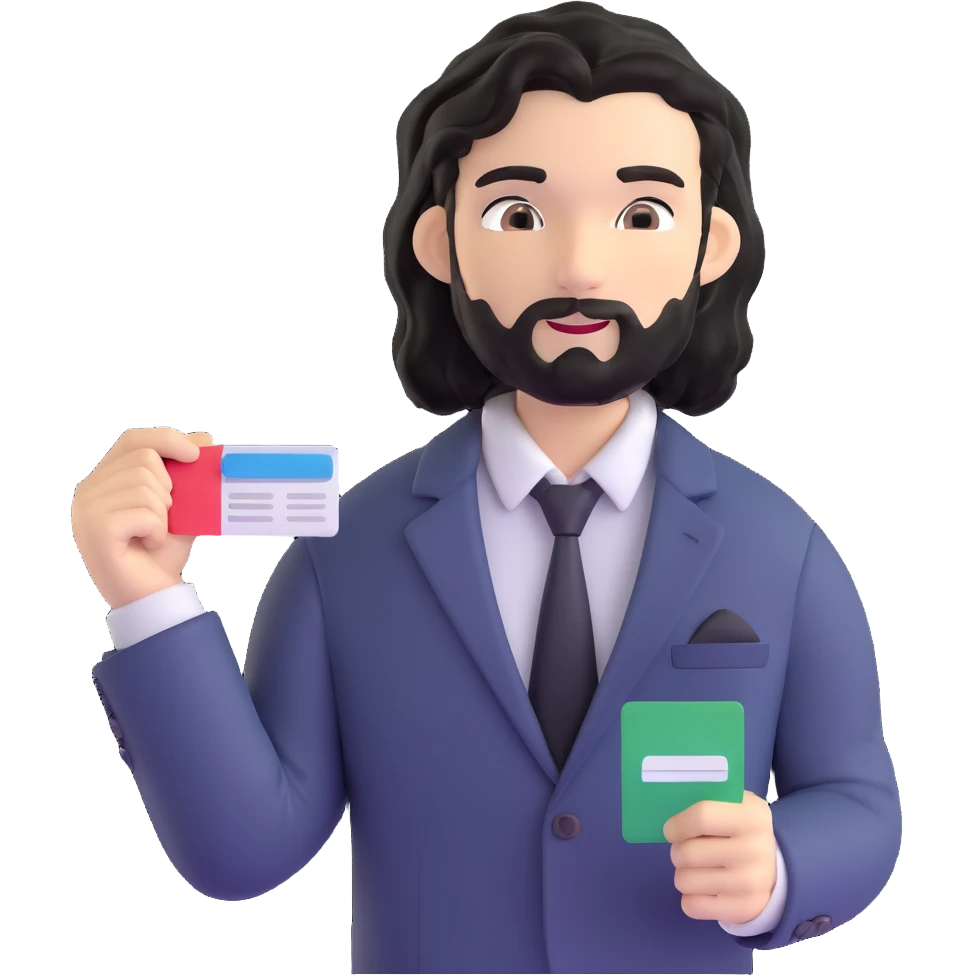 Business strategist with black wavy hair, stubble, chiseled face, wearing blazer and button-up shirt, engaged in conversation at a networking event, holding business card, surrounded by other professionals, social business setting emoji