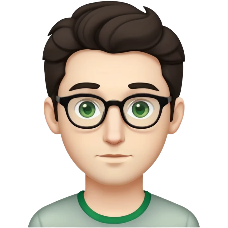 young man with pale skin, wider face, larger ears, bigger nose, thick dark eyebrows, dark tall voluminous slightly wavy hair styled up high on head but not curly, wearing glasses with green eyes and very light stubble, with a slight smile emoji