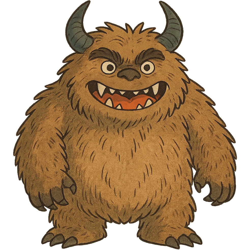 a big hairy monster with horns and sharp teeth, ghibli-inspired style, suitable for the animal and nature section of emojis emoji
