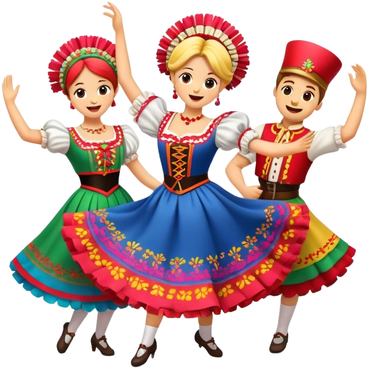 Cinematic Realistic Mazurka Dance Emoji, depicted as a lively traditional Polish folk dance scene with colorful costumes and spirited movement, rendered with dynamic textures and vibrant festive lighting that captures its rhythmic energy. emoji
