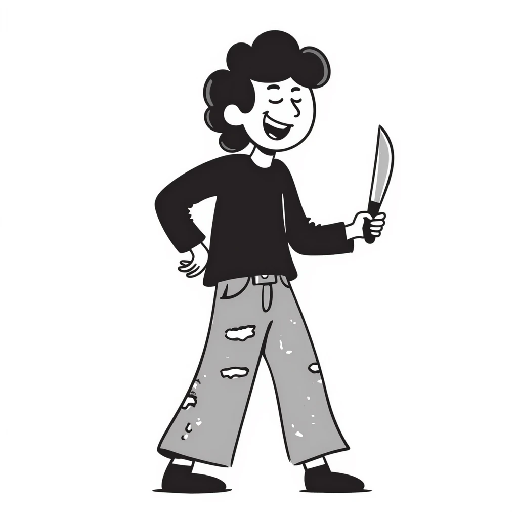 hand-drawn sketch of a savage person in 1988 outfit with mullet hair, acid wash jeans, holding knife, laughing crazily emoji