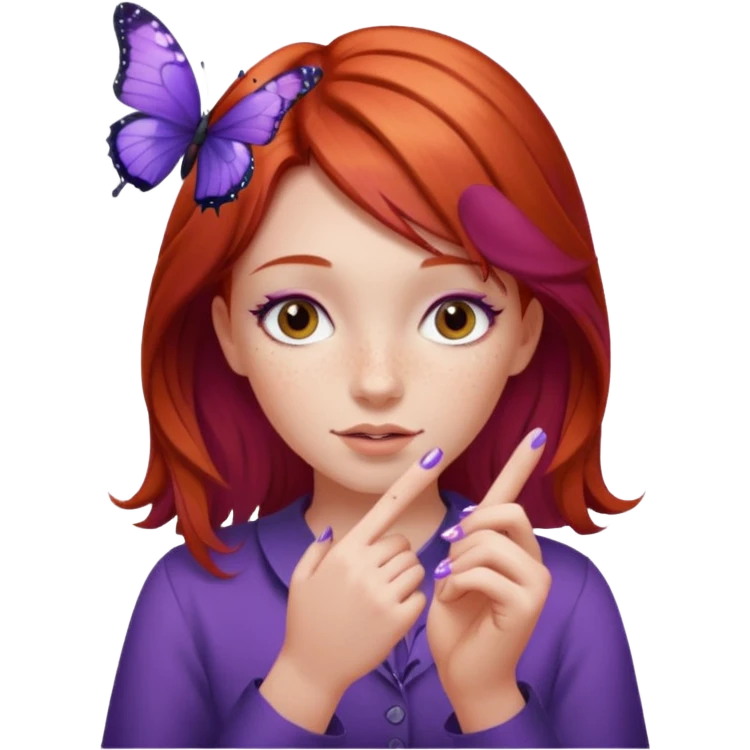 red haired girl finger holding purple butterfly - but her hands down emoji