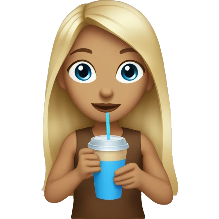 Girl with blue eyes long brown hair with blonde highlights sipping iced coffee emoji