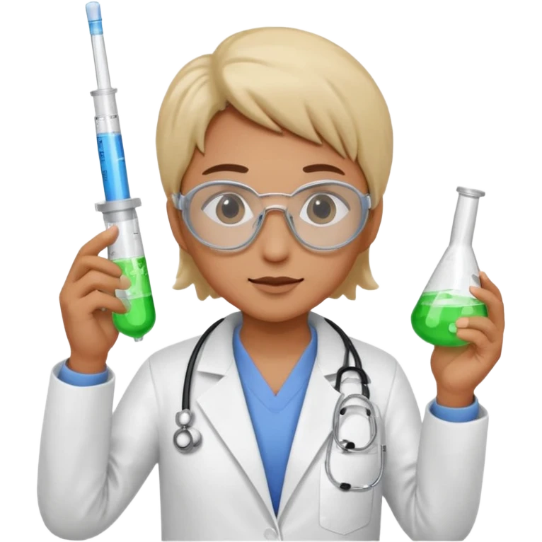 A person wearing safety goggles, a stethoscope, and a white coat. In one hand they hold a test tube containing chemicals and in the other a syringe. emoji