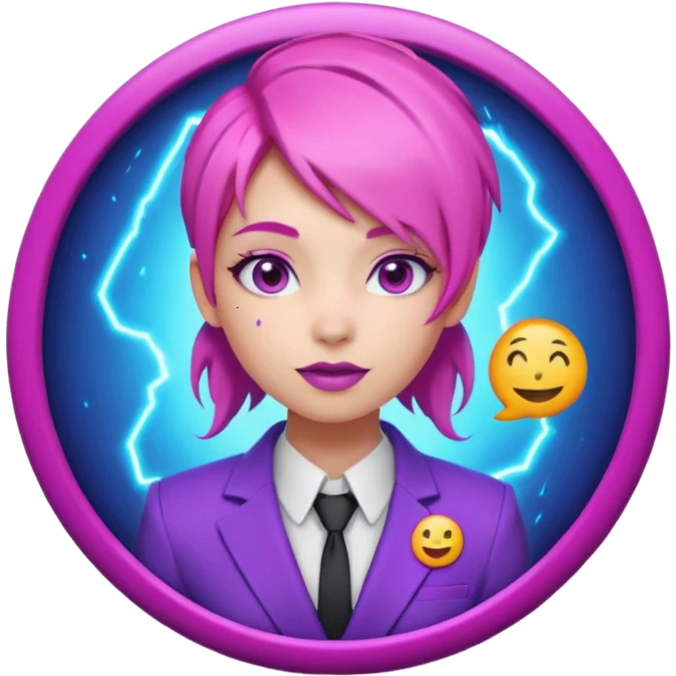 Cute 3D emoji-style girl sexy character with pink hair and purple eyes, inside a circular badge. No hands, no pose. Clean purple suit with a glowing neon-blue ‘C’ logo on the chest, small lightning accent. Smooth Apple-style lighting, friendly expression emoji