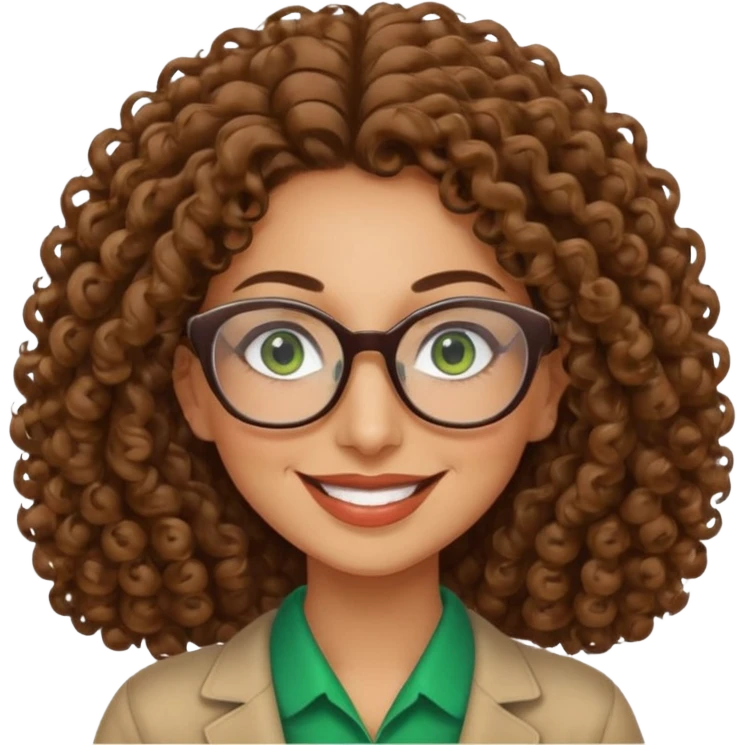 40 yr old Iranian woman, light brown very curly thick hair, shoulder length hair, green eyes, tan skin, big smile, big glasses emoji