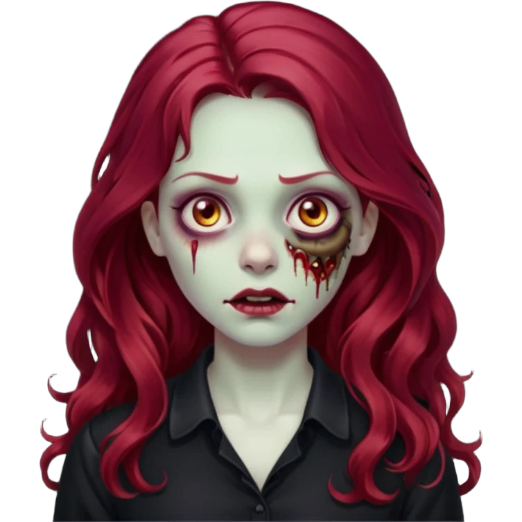 Faça me um emoji de um zumbi mulher de cabelos vermelho borgonha longos ondulado usando uma blusa preta emoji