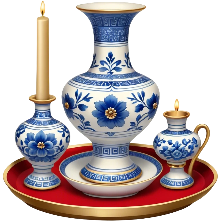 Metal painting icon, a metal vase, tray, and candlestick, each decorated with different techniques: Gzhel-style blue floral patterns, Chinese red and gold designs, and intricate Golden embroidery-style details. Visible fine paintbrush, paint pots, and accessories like porcelain palette, minimalistic style, clean lines, transparent background. emoji