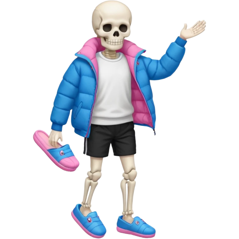A skeleton with a white shirt blue puffer black shorts and pink slippers emoji