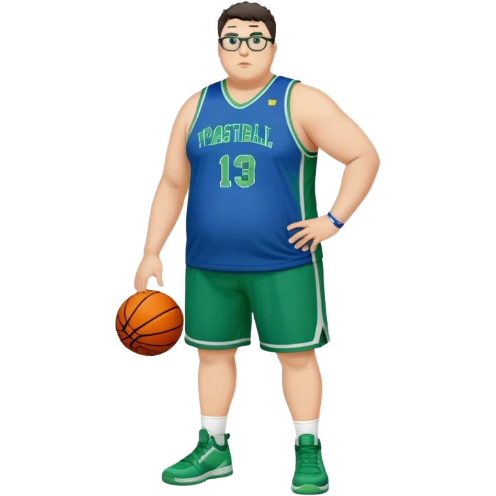 Full Body overweight white male with dark short spike hair basketball player wearing glasses wearing blue green uniform emoji