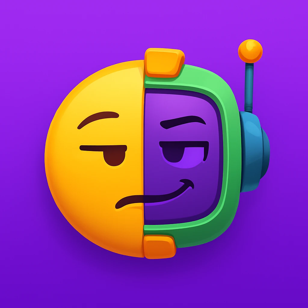 Design a half-emoji, half-robot with a sarcastic, unimpressed look, keeping the same purple, green, and orange color palette as the reference image. Add a playful, mischievous vibe to the character. emoji