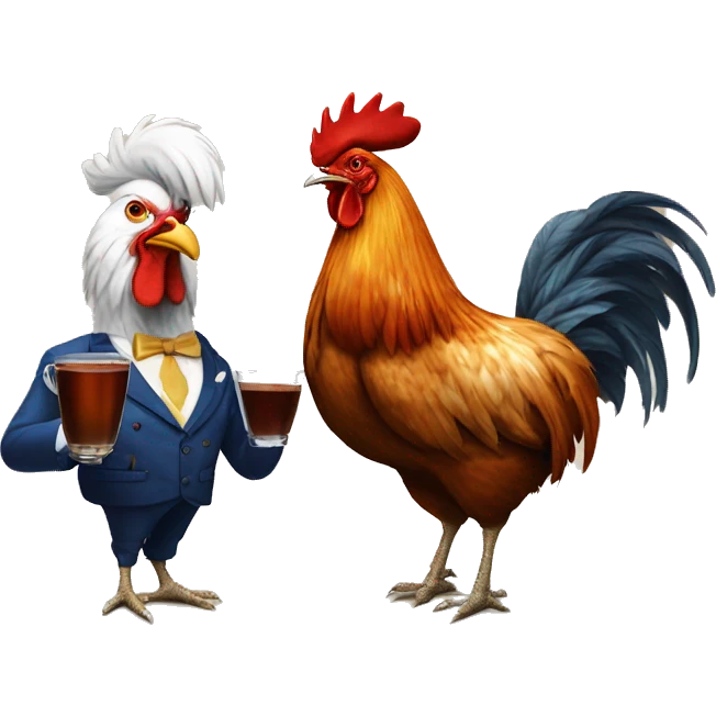 rooster and hen drink tea like aristocrats emoji