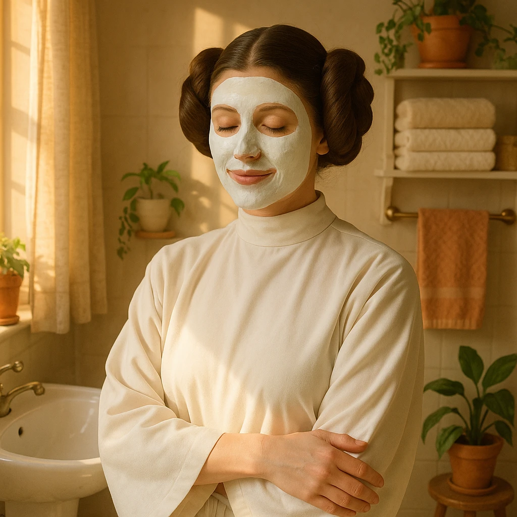 Princess Leia from Star Wars with hair buns, using a facial mask, morning light, cozy bathroom emoji