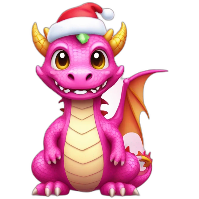 Pink dragon, wearing sweater and Christmas hat. charming happy kawaii style, colorful, clear outline, vector, simple white background, 8k, 3:2 emoji