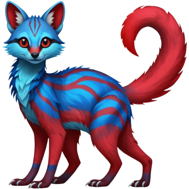 Feral Rare Fantasy vibrant dark shady shaded detailed cyan-cobalt-blue-crimson-red-gradients-colored colorful Vernid-Sergal-Genet-Trico-species by LiLaiRa, random markings, tufted tail, tufted ears, full body emoji