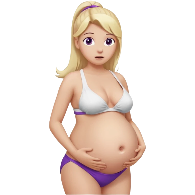 White girl, long blonde ponytail, purple eyes, huge pregnant belly, full body, white bikini, nervous expression, front view. emoji